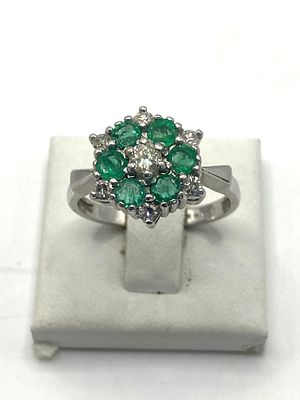 An 18ct white gold emerald & diamond dess ring, ring size O, 5.4 grams in weight approx, in 