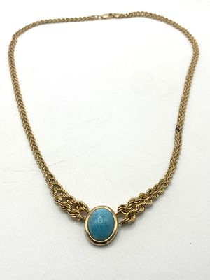A 14ct yellow gold turquoise stone set pendant necklace, fancy link design, 18 inches long 
