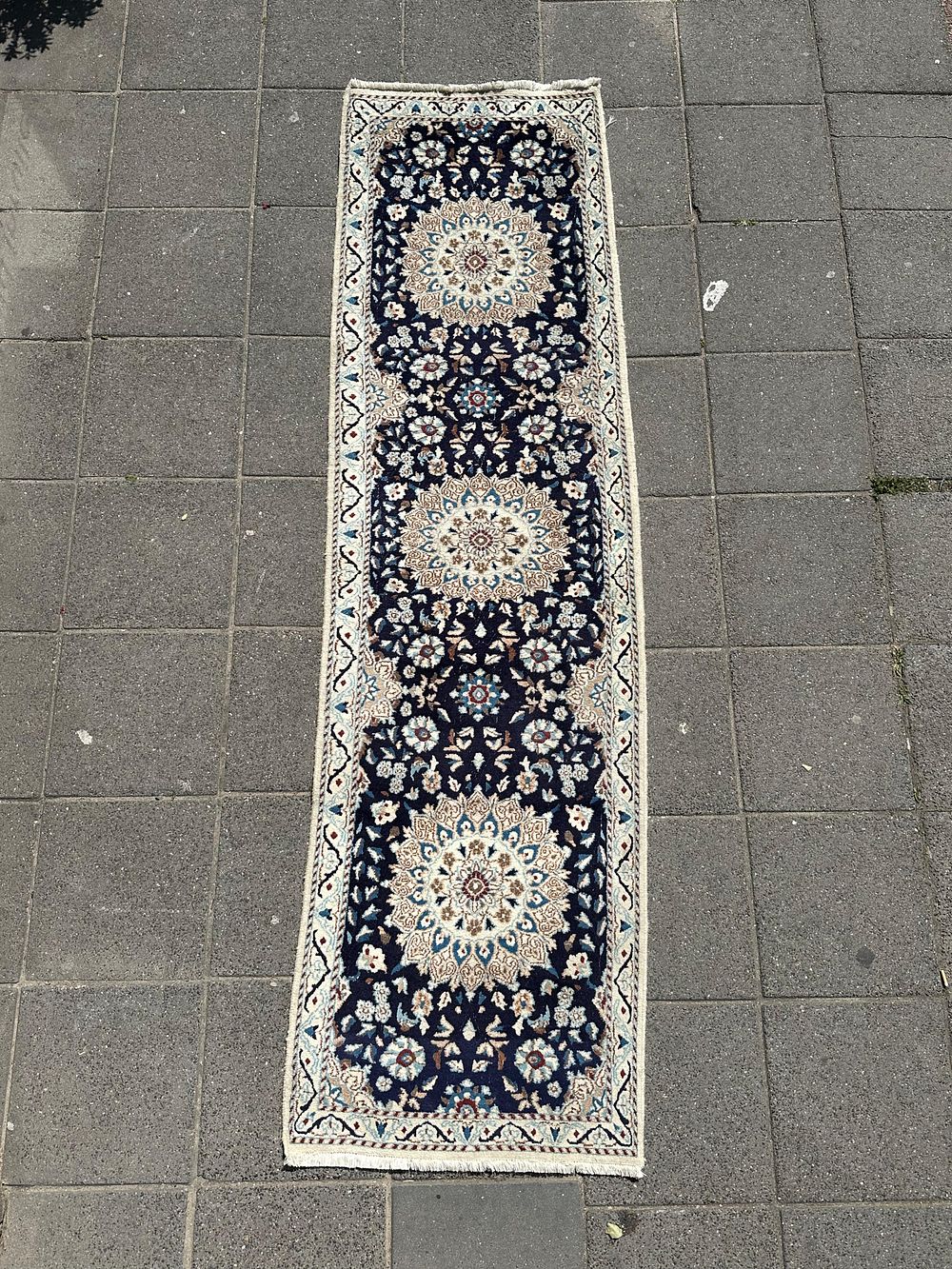 Nain (silk,wool ). A vintage Persian Nain carpet, hand-knotted, circa 1990. Dimensions: 280*77 cm .