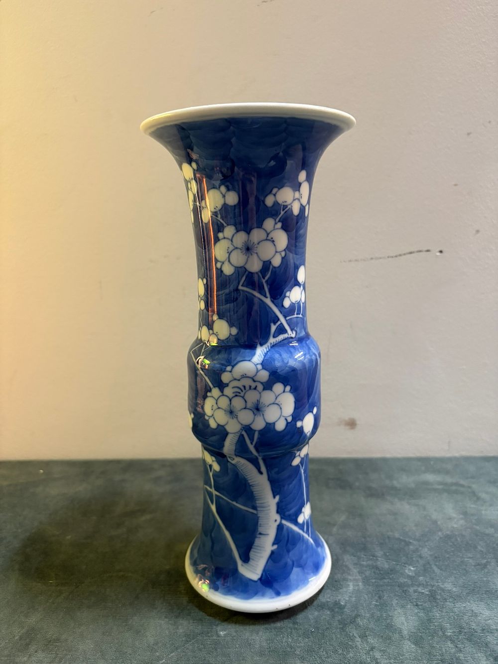 Lot 308: Chinese blue and white prunus 'Gu' shaped vase...
