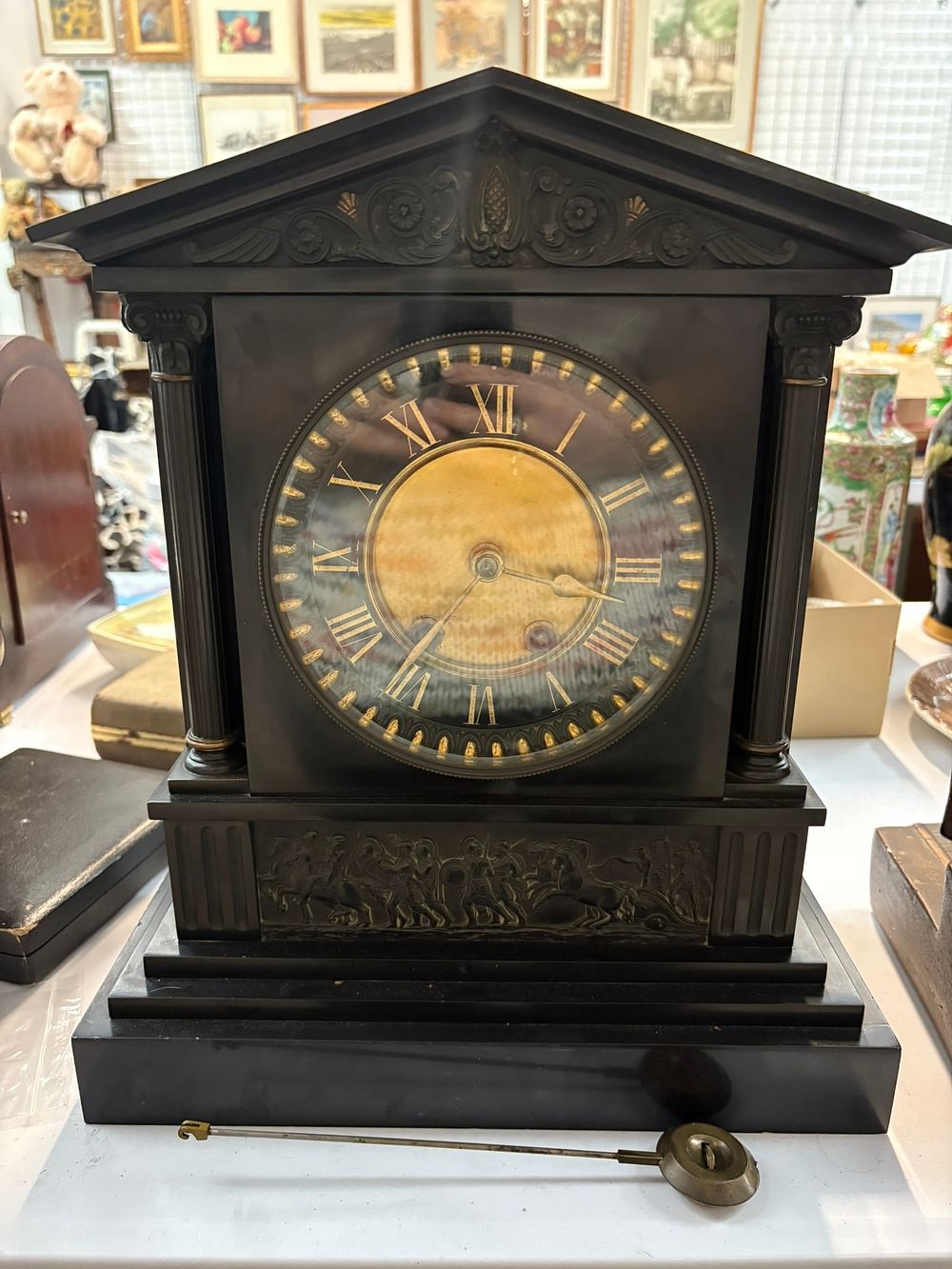 Lot 328: Large heavy slate clock with gilded dial -...