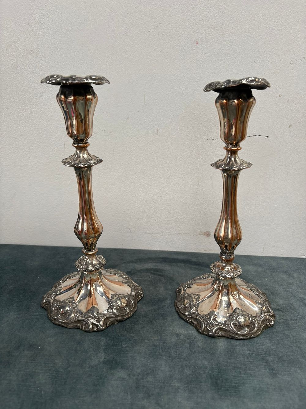 Lot 340: Pair of silverplated candlesticks