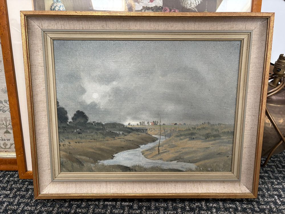 Lot 702: Oil on board painting titled 'River Rother Estuary...