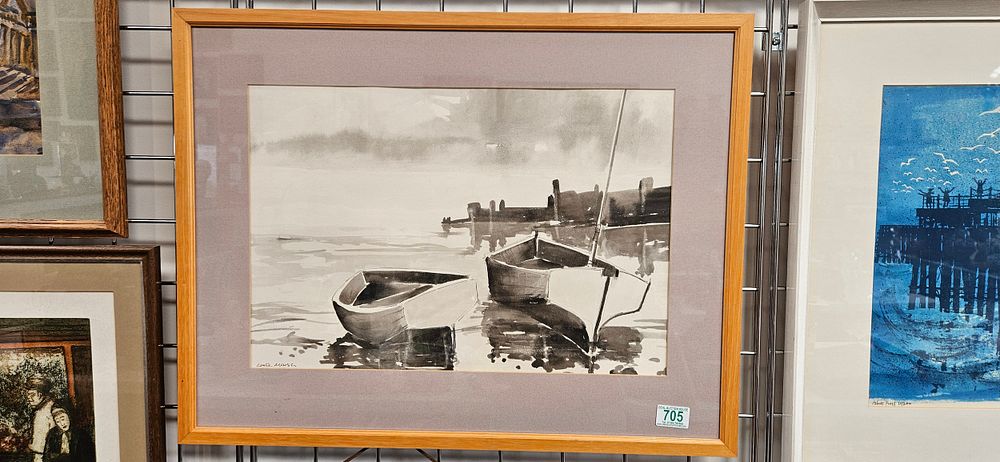 Lot 705: Large watercolour of boats signed Leslie Marsh