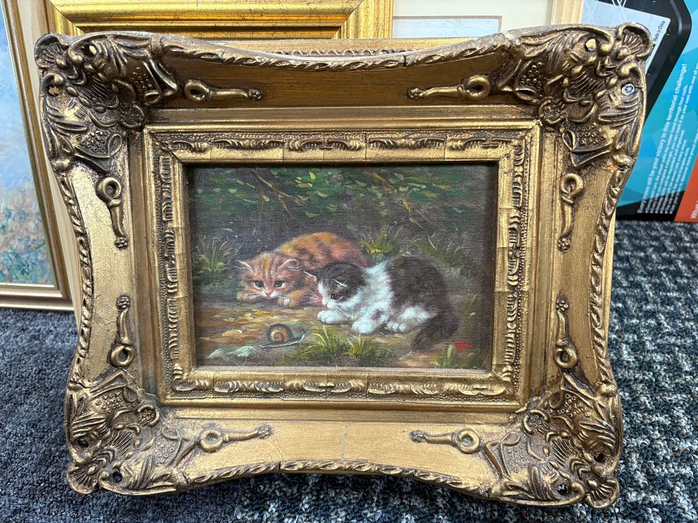 Lot 726: Modern oil on board of two kittens in...