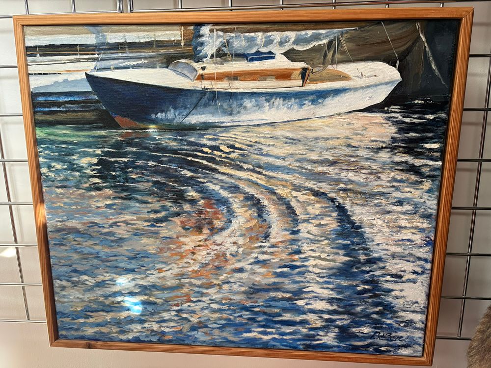 Lot 730: Abstract impressionist style painting of a boat -...