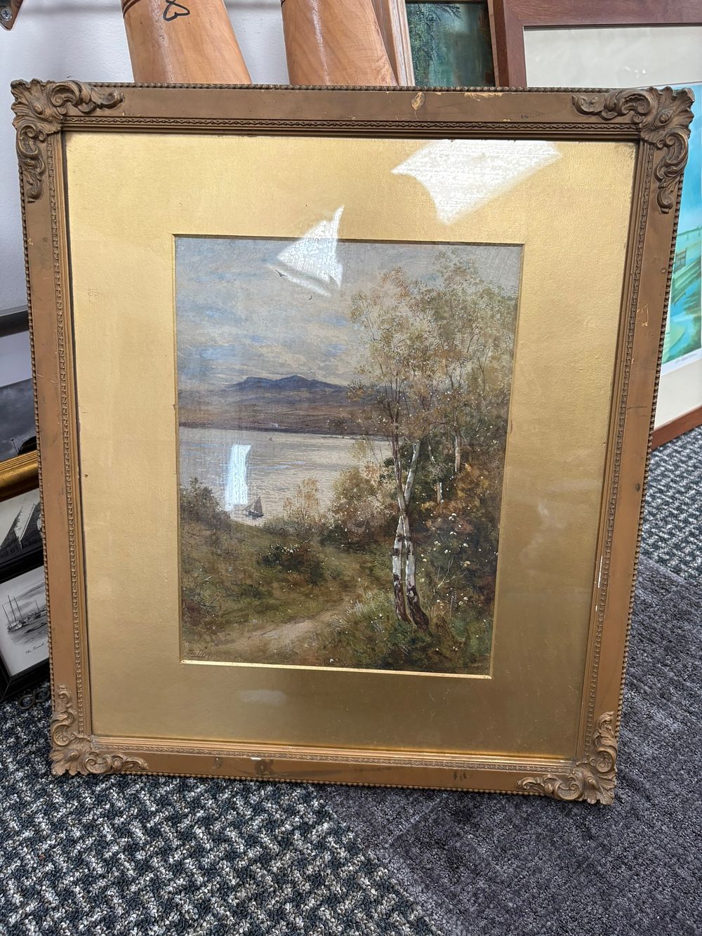 Lot 744: Watercolour of trees and lake signed - Thomas...