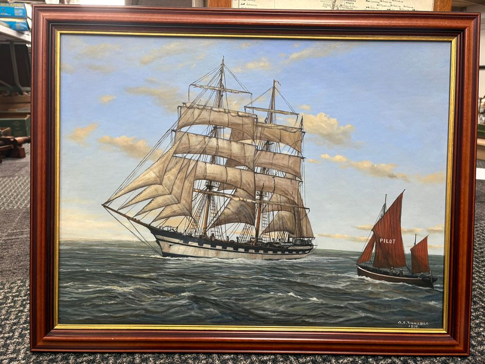 Lot 745: Large oil on board of boats signed G....