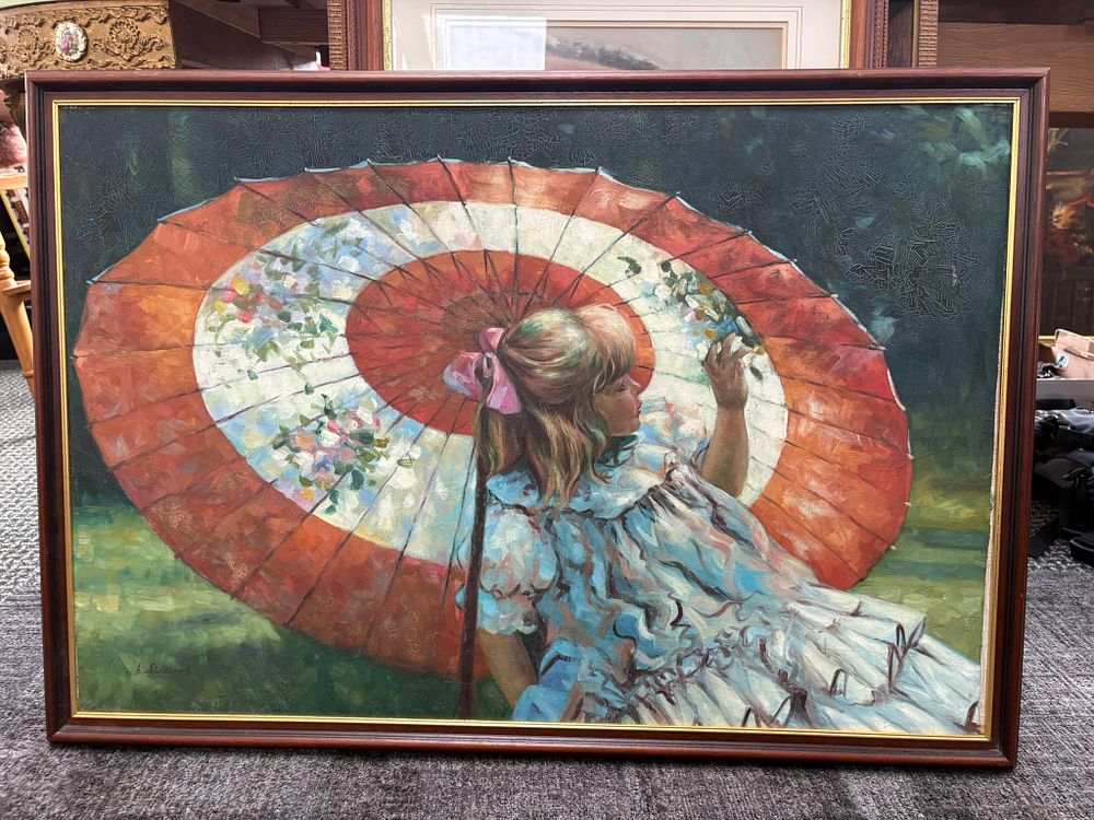 Lot 747: Large oil on canvas painting of a girl...