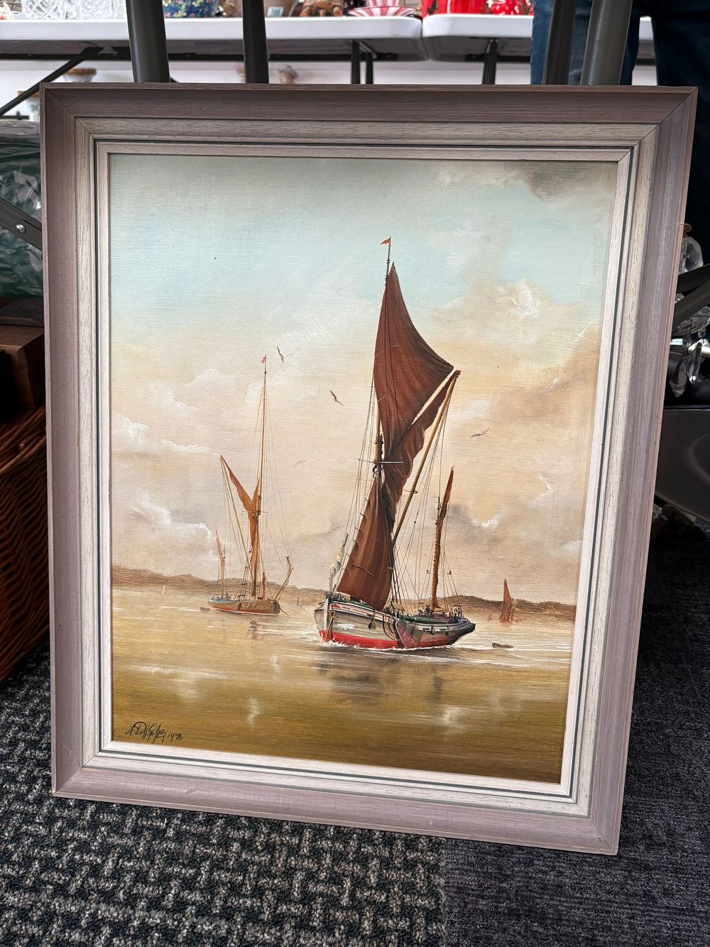 Lot 754: Oil on board of boats viewed from Pin...