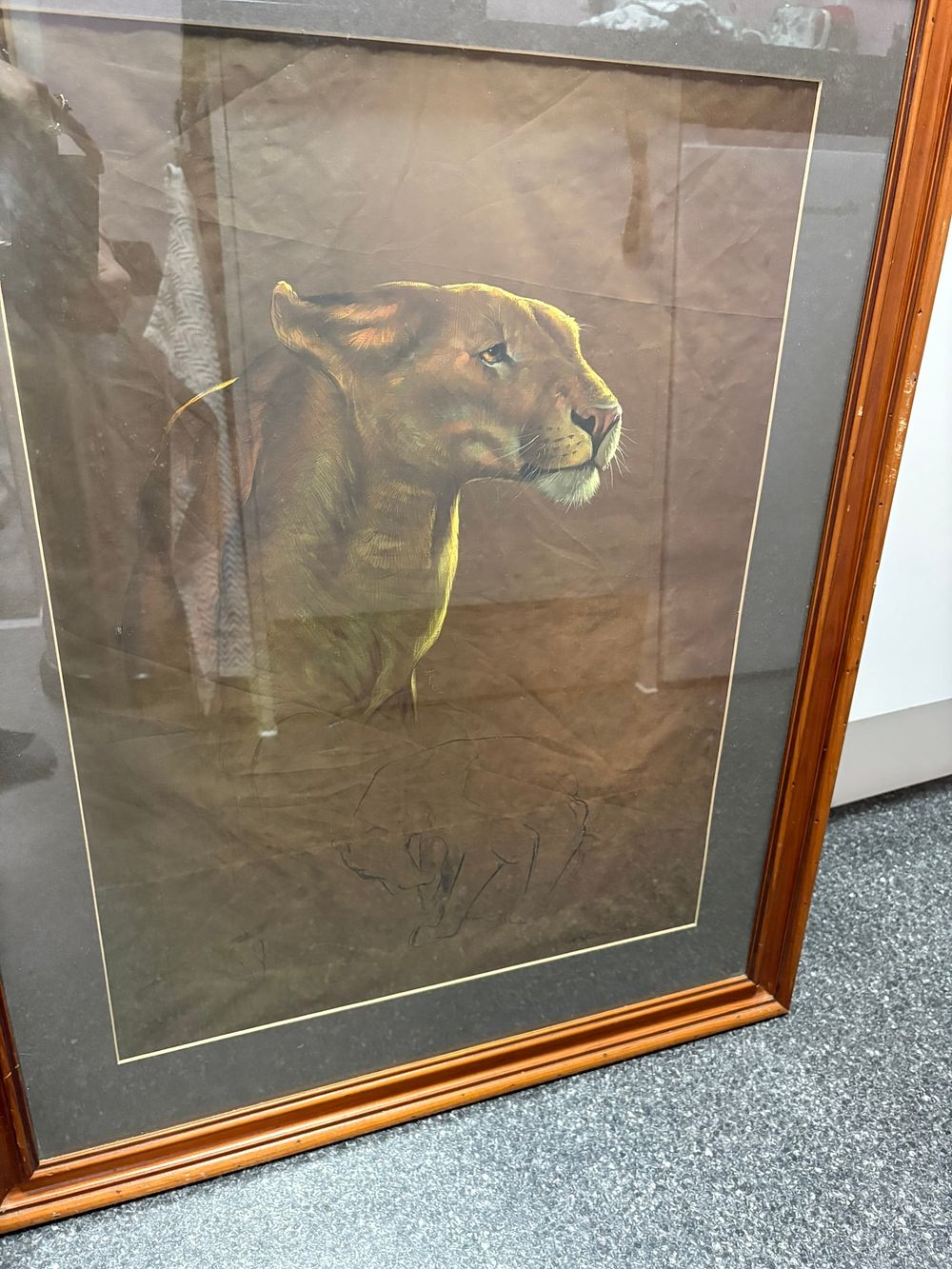 Lot 762: Large pastel/ink? painting of a lioness on silk...