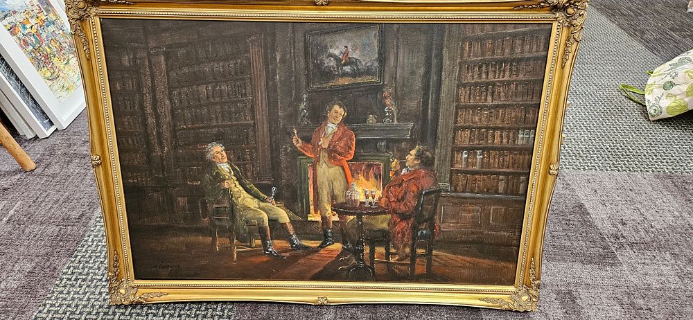 Lot 764: Large modern oil on canvas of three men...