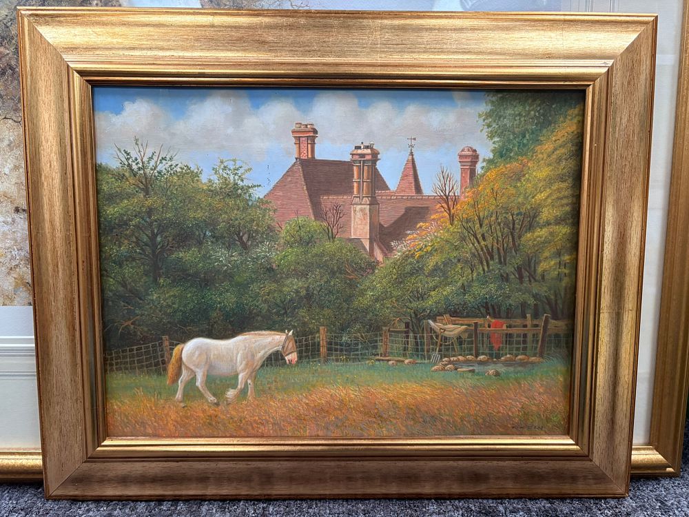 Lot 773: Oil painting of horses in gold frame signed...