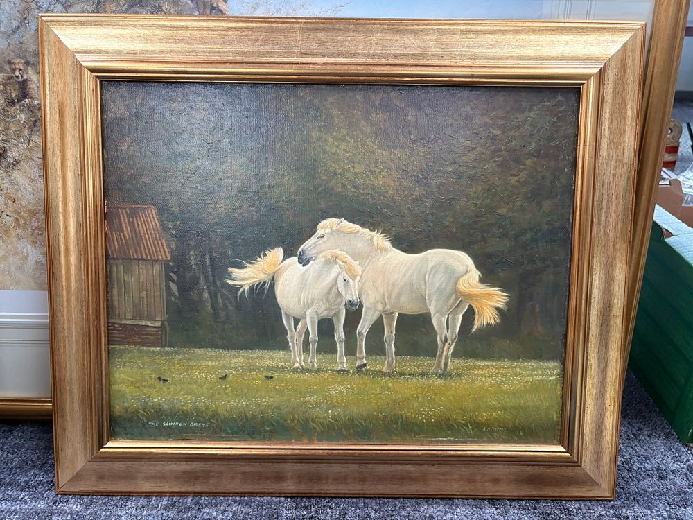 Lot 774: Oil painting of horses in gold frame signed...