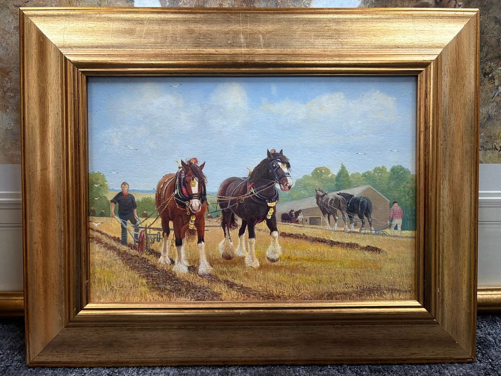 Lot 776: Oil painting of horses in gold frame signed...