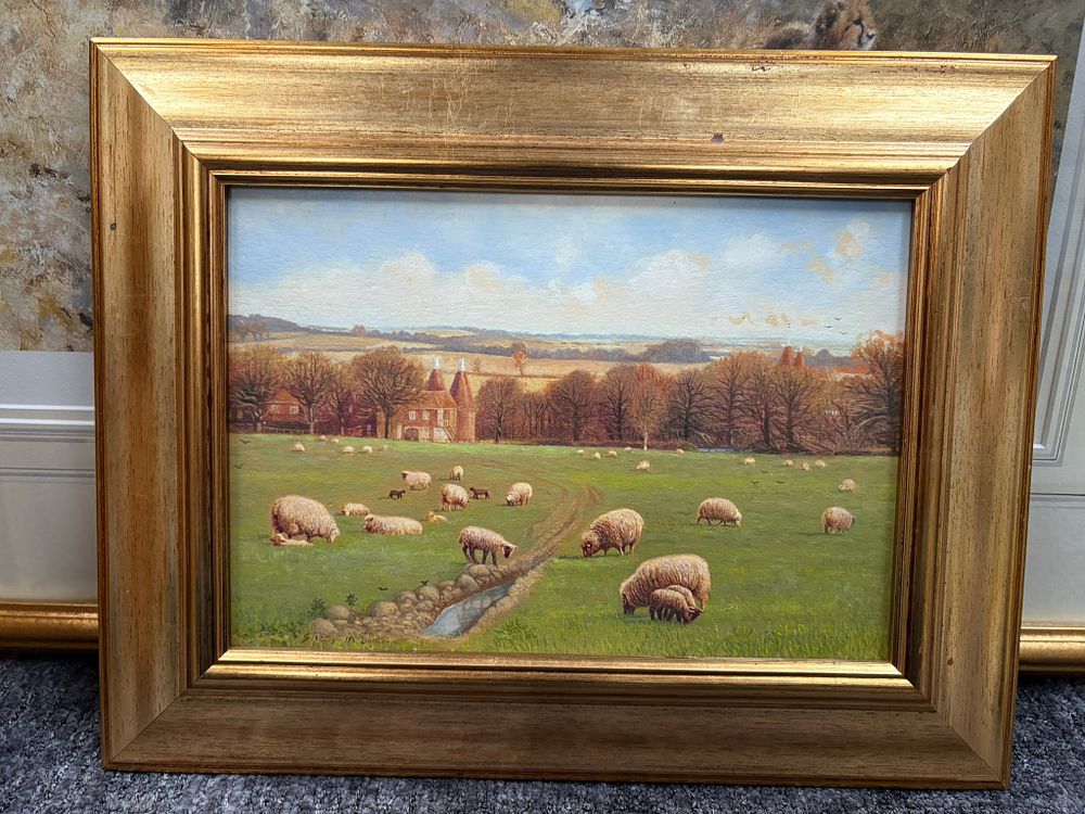 Lot 777: Oil painting of sheep in gold frame signed...