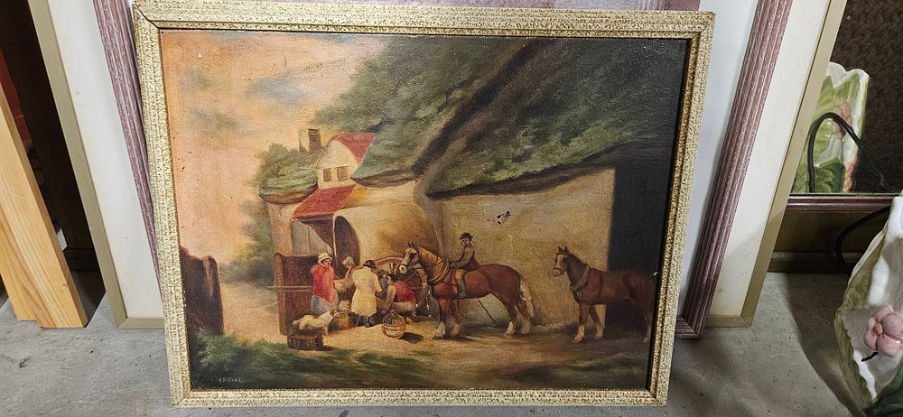 Lot 791: Oil on board of horses - signed
