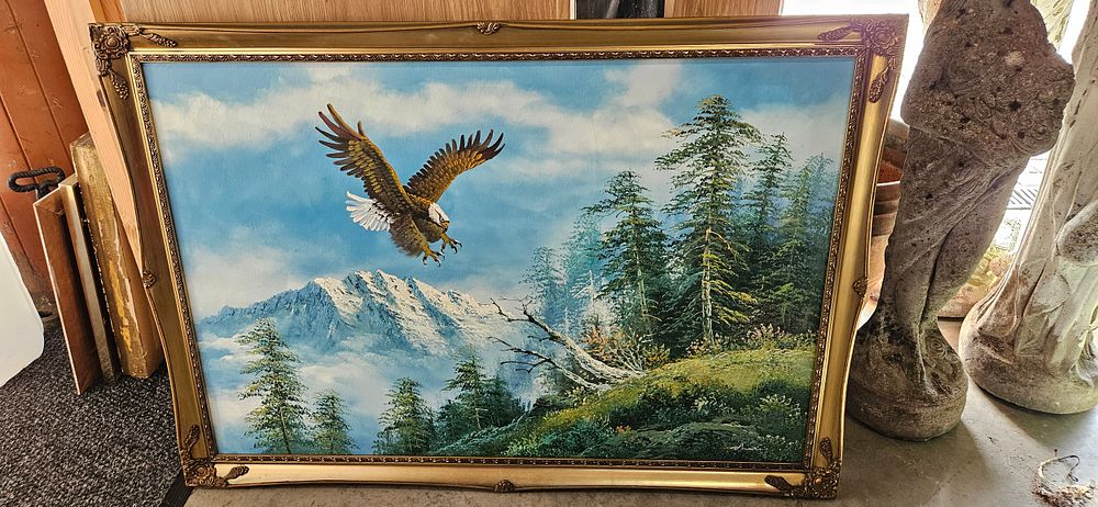 Lot 797: Modern oil on canvas of American eagle in...