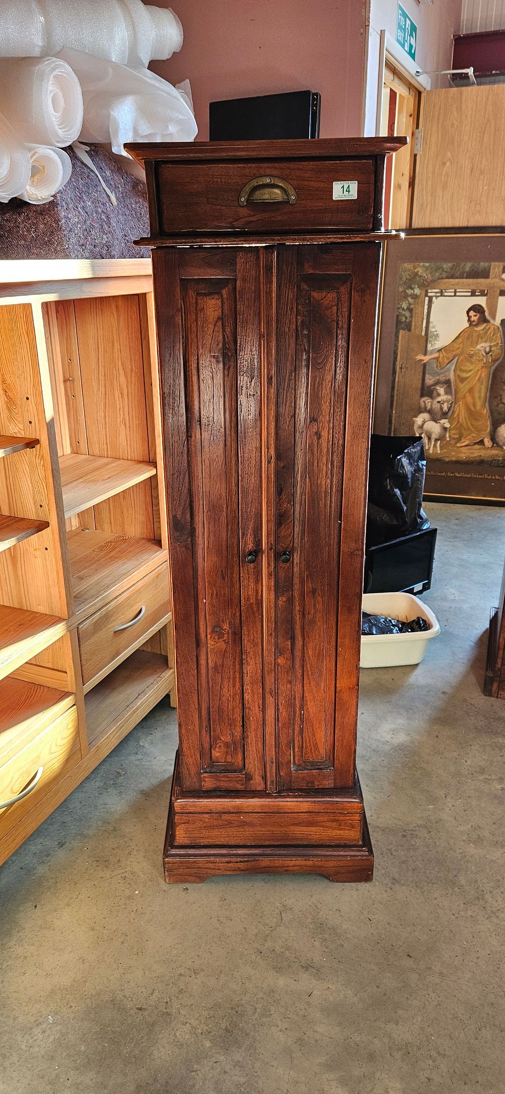 Lot 14: Tall wooden fold out storage cabinet with interior...