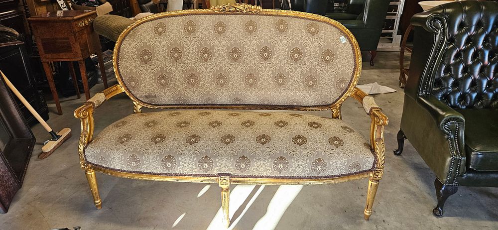 Lot 22: Antique French gold gilt upholstered sofa 156cm long