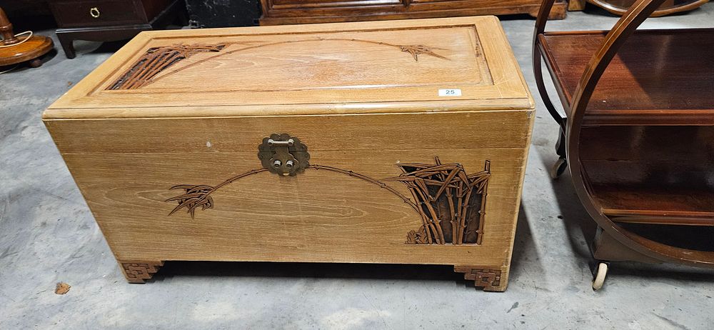 Lot 25: Chinese lightwood carved camphor wood trunk/ chest.