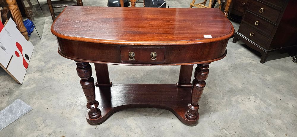 Lot 26: Antique mahogany demi-lune console table with a single...