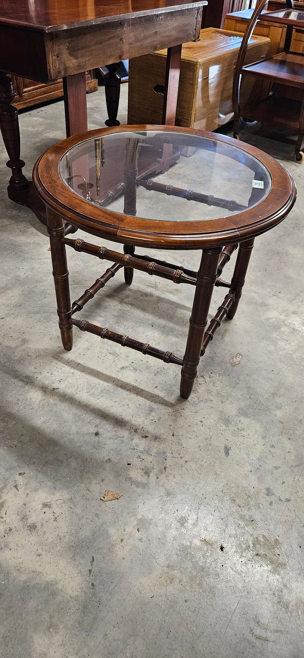 Lot 29: Antique mahogany faux bamboo/ bobbin turned coffee table...