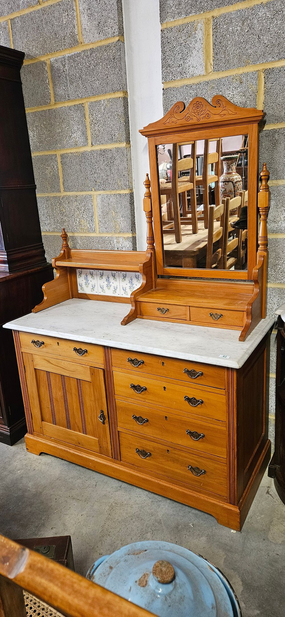 Lot 42: Antique satinwood mirror-back sideboard/ buffet with a marble...