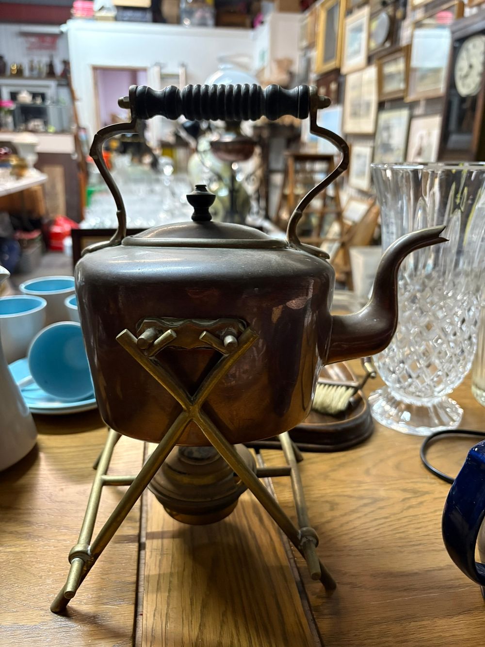 Lot 165: Antique copper kettle with burner and brass stand...
