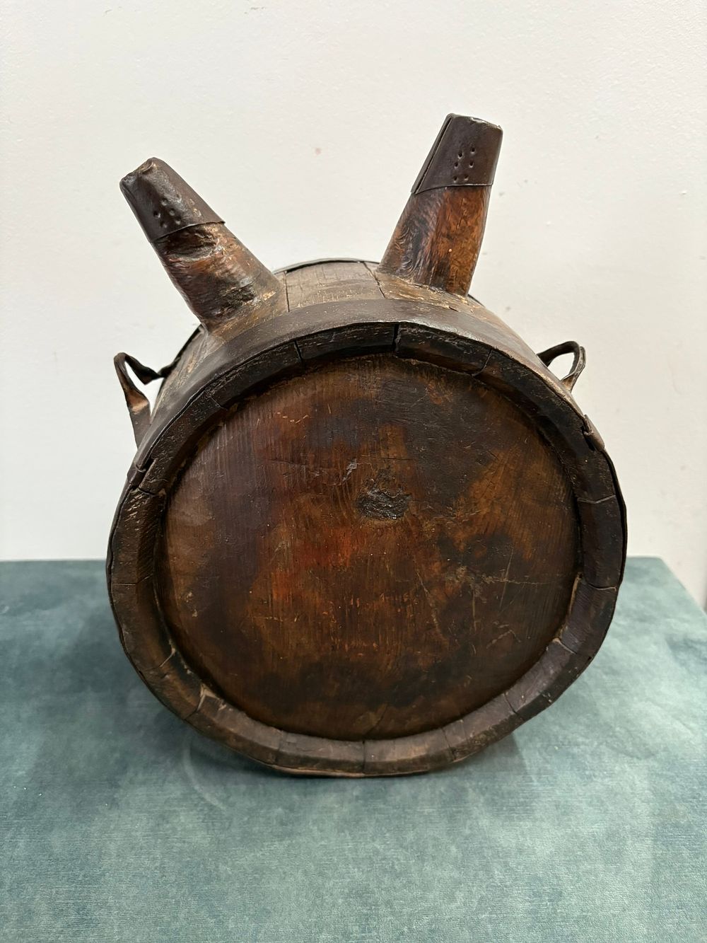 Lot 172: Antique oak coopered drum shaped double spout canteen...