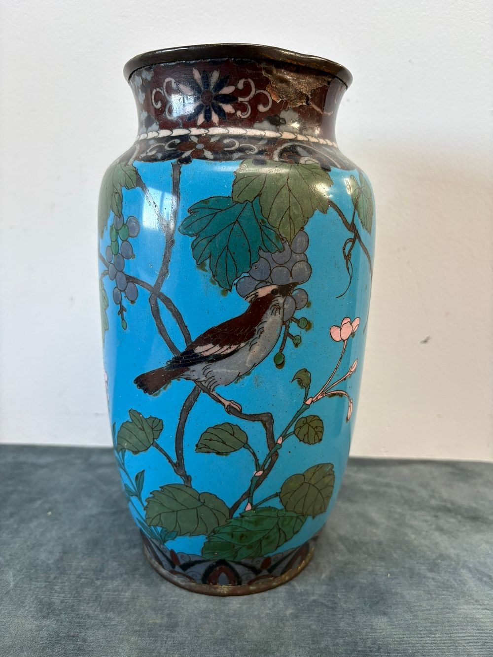 Lot 192: Blue cloisonne vase decorated with flowers and birds