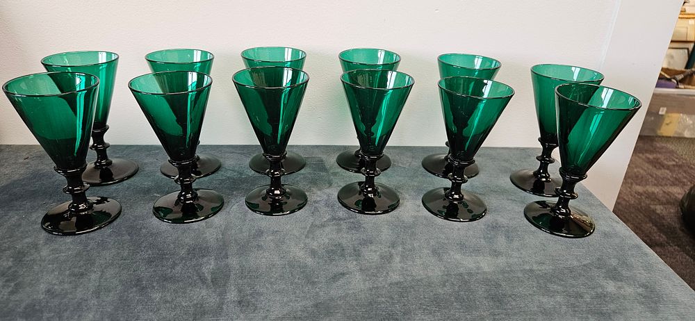 Lot 216: Set of 12 antique Bristol Green Wine Glasses....