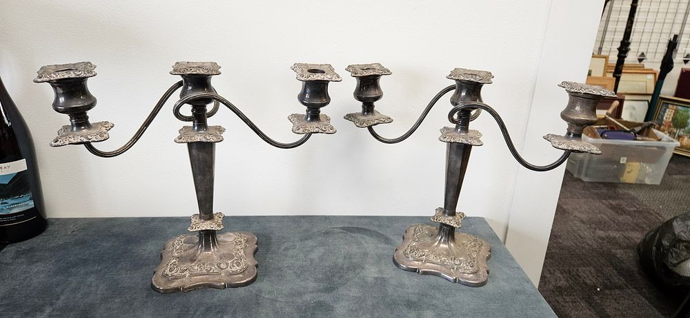 Lot 407: Pair of large heavy decorative silver plated candelabras