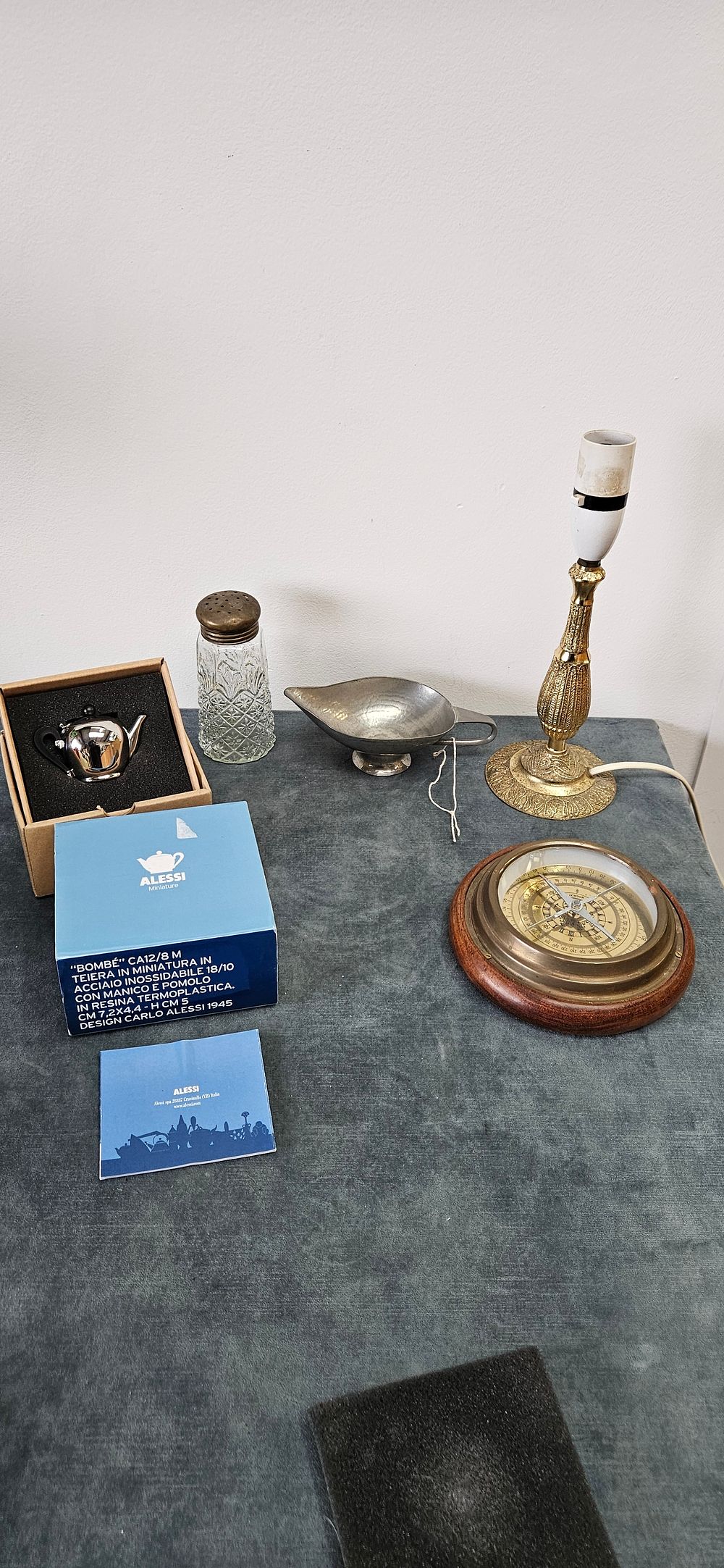 Lot 447: Assorted items including mini Alessi teapot, compass, beaten...