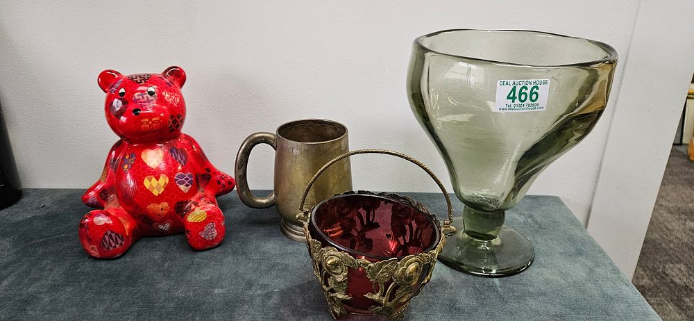 Lot 466: Large art glass vase, brass and cranberry glass...