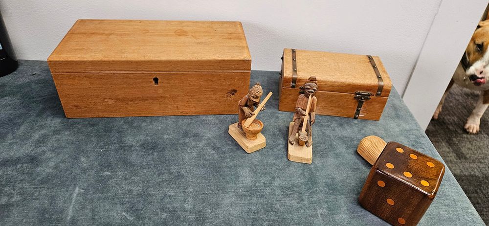 Lot 486: Wooden boxes x 2, wooden large dice and...