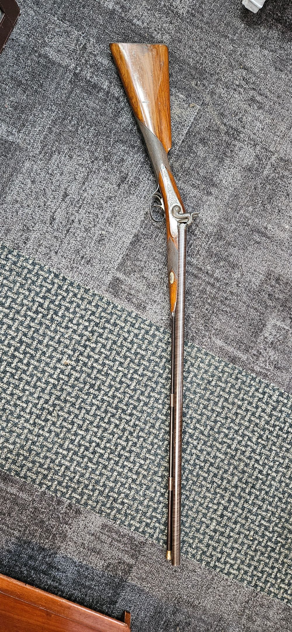 Lot 495: Double barrel percussion shotgun with Damascus barrel and...