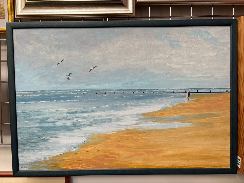 Lot 653: Large oil on canvas beach scene signed J...
