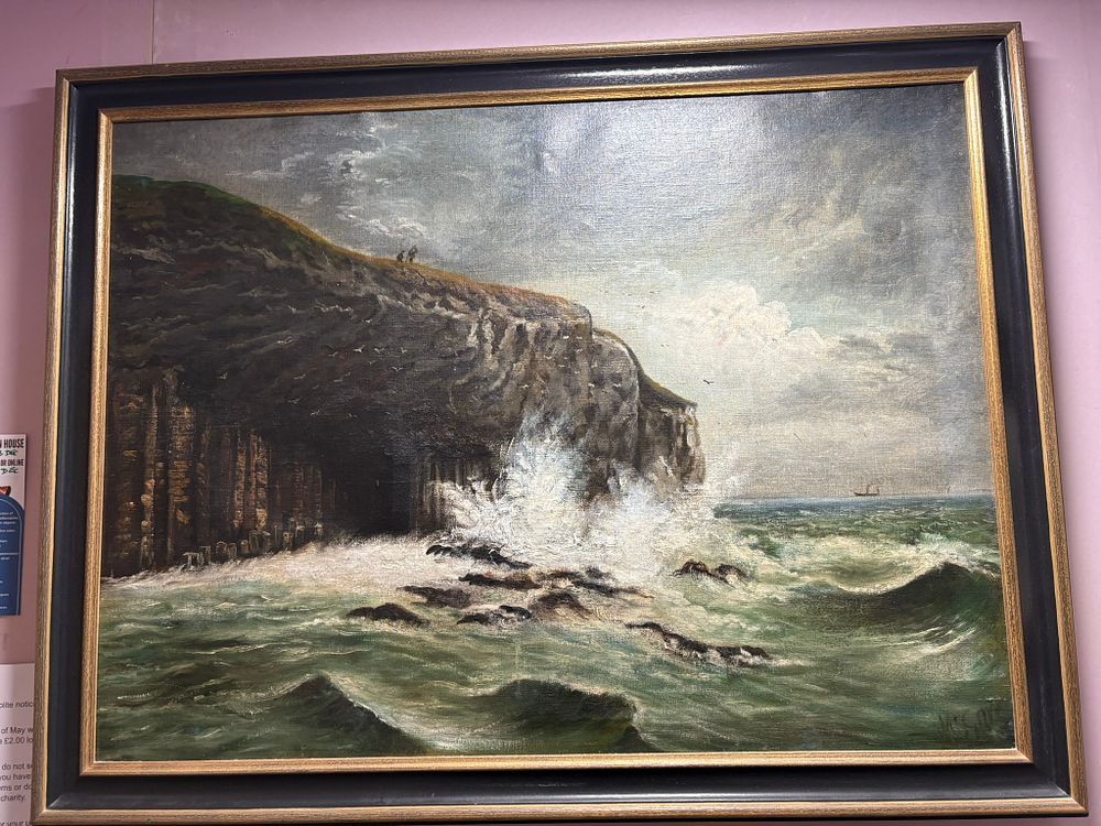 Lot 670: Large oil on canvas of cliff with waves...