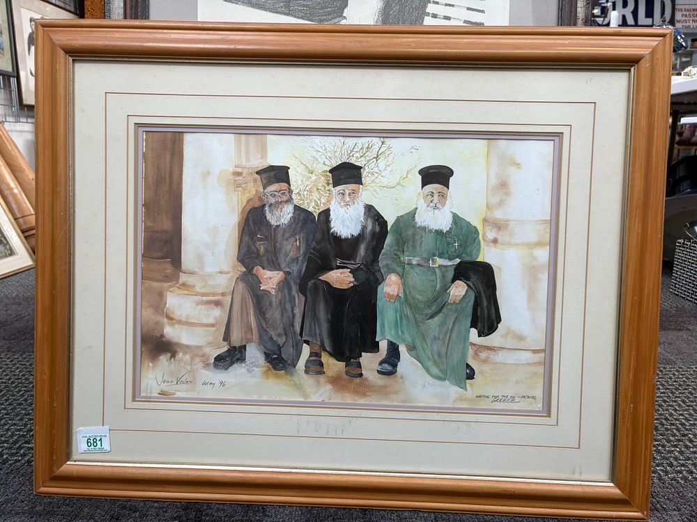 Lot 681: Greek watercolour titled 'Waiting for the bus -...