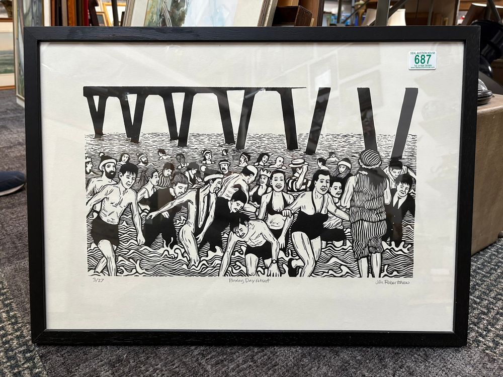 Lot 687: Jim Robertshaw linocut of Deal Boxing Day Retreat...