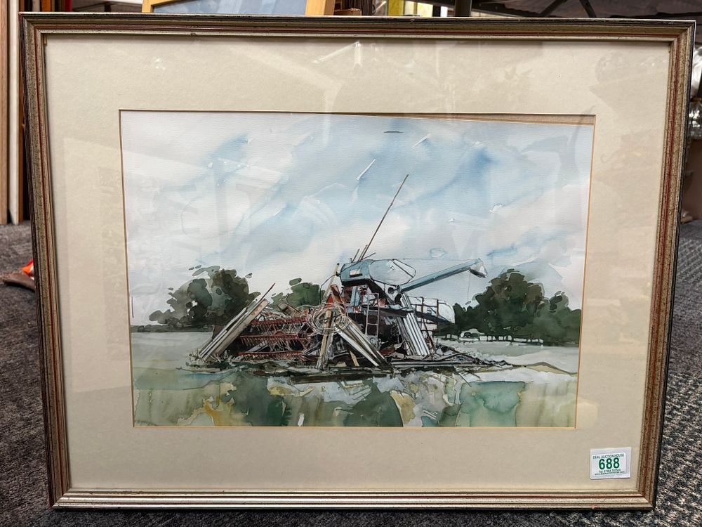 Lot 688: Watercolour of salvage farm equipment - unsigned