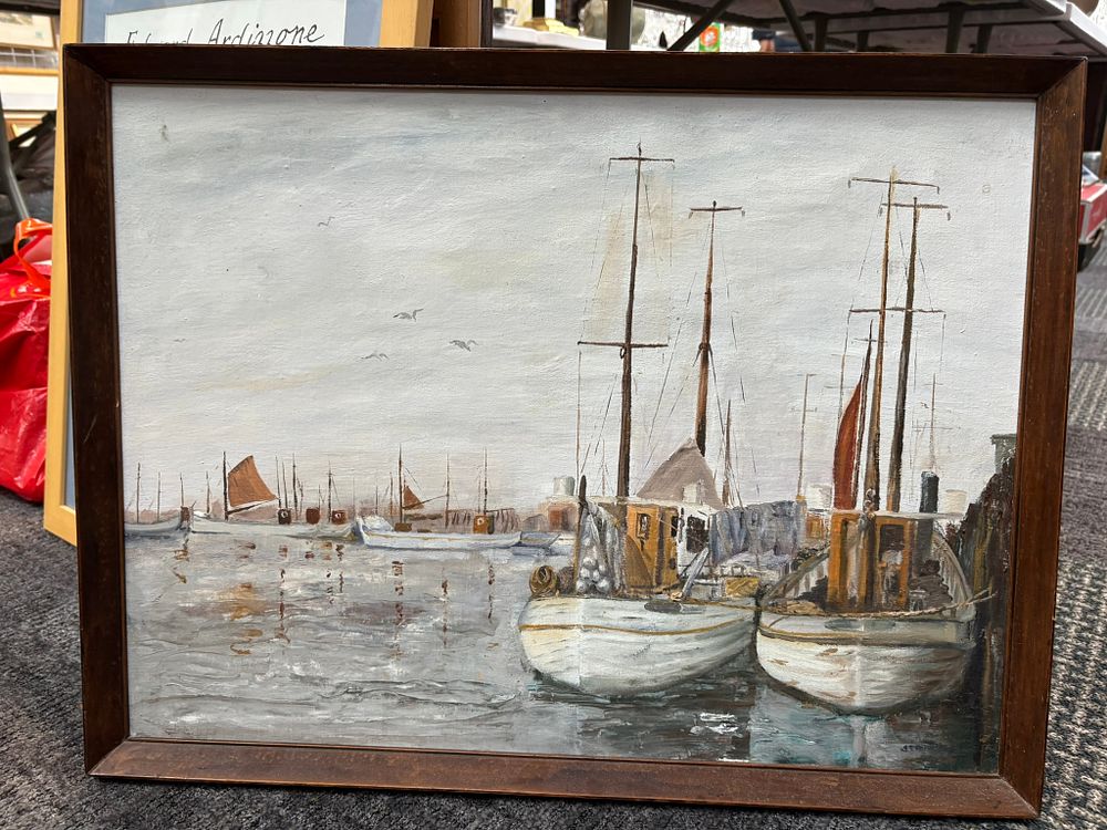 Lot 689: Oil on board in wooden frame of boats...