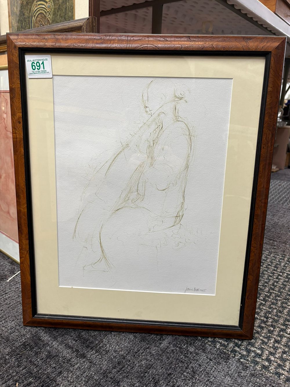 Lot 691: Drawing of lady playing cello signed