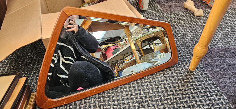 Lot 711: Retro Danish teak mirror with bevelled glass