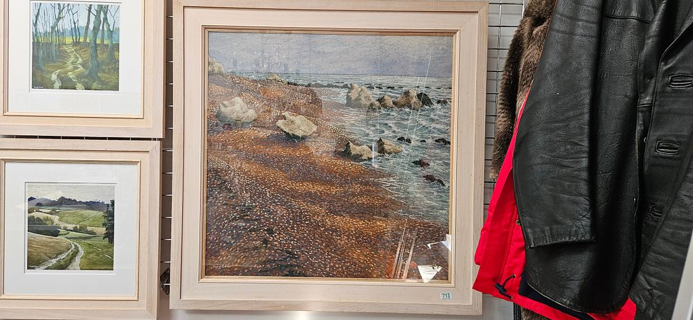 Lot 713: Large pastel painting of a beach and sea...