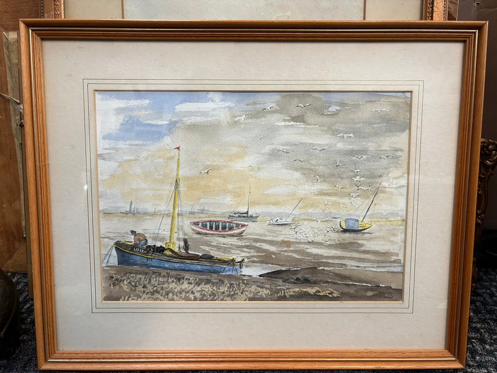 Lot 715: Watercolour of boats in lightwood frame - Leigh-on-Sea