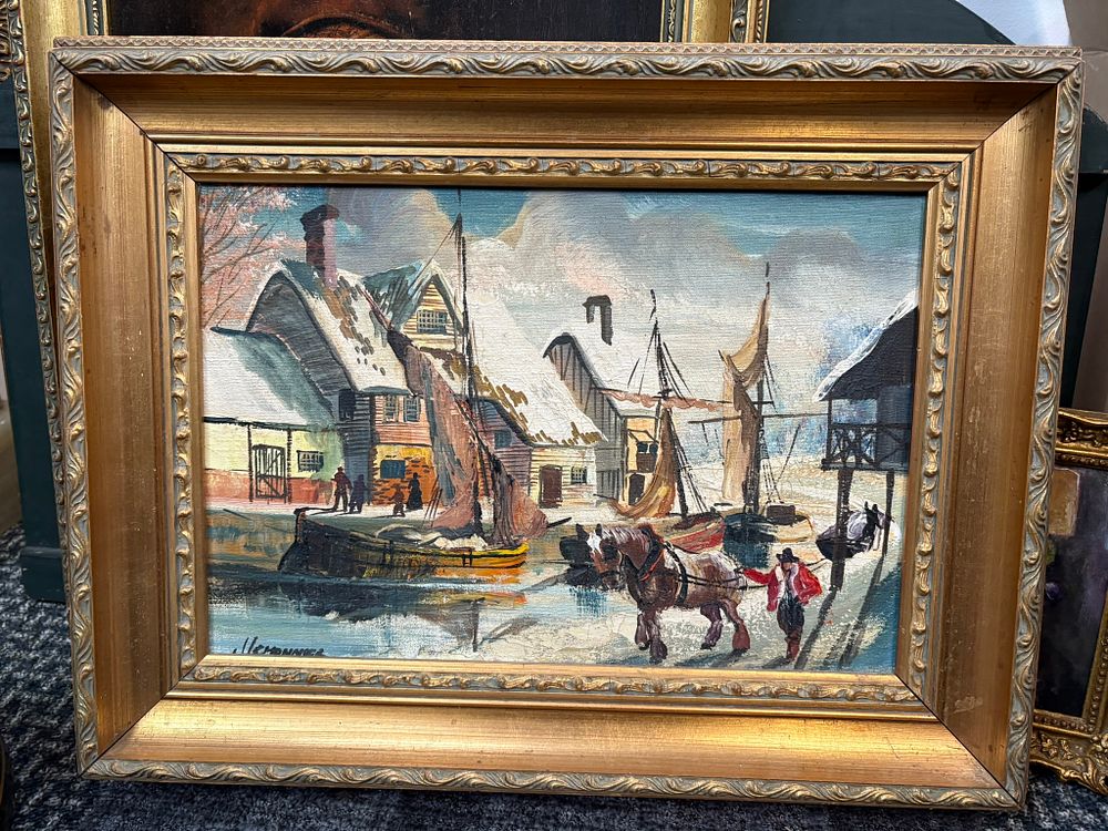 Lot 719: Oil on canvas winter scene with horses in...
