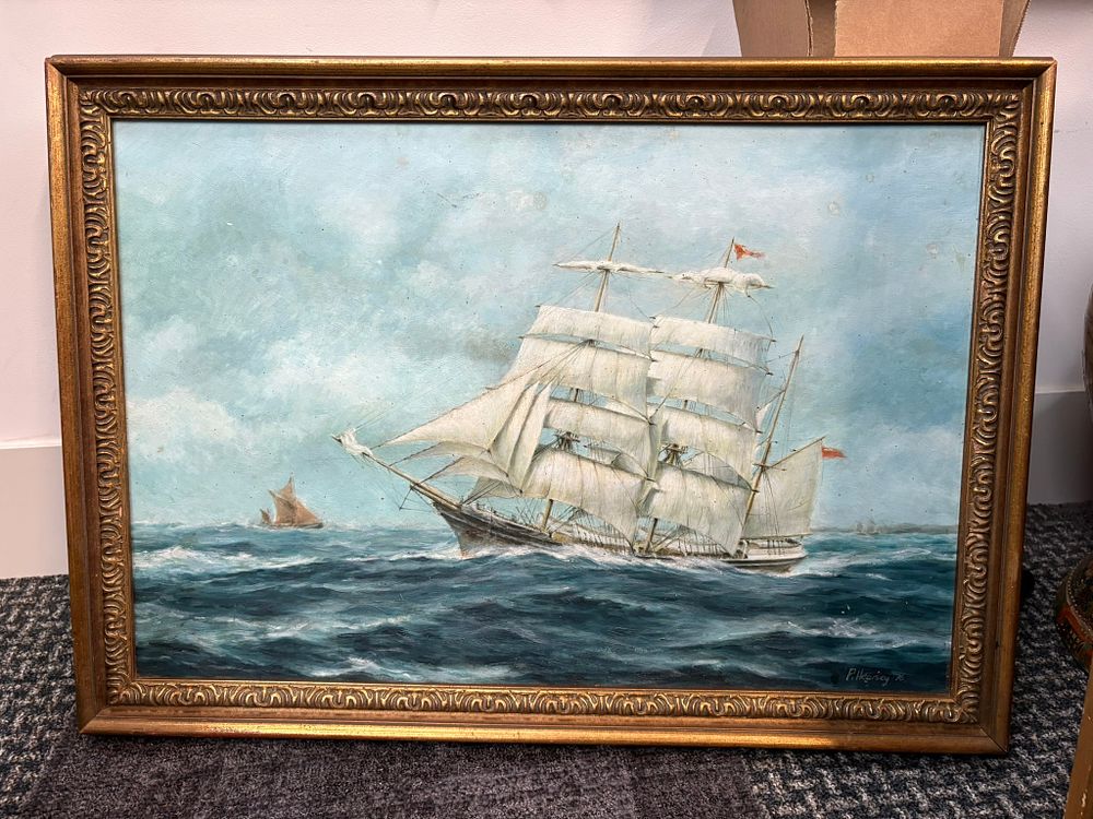 Lot 723: Large oil on board of a ship signed...