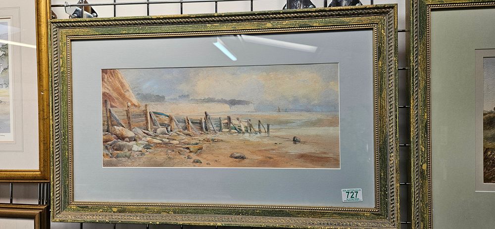 Lot 727: Watercolour of beach scene with white cliffs in...